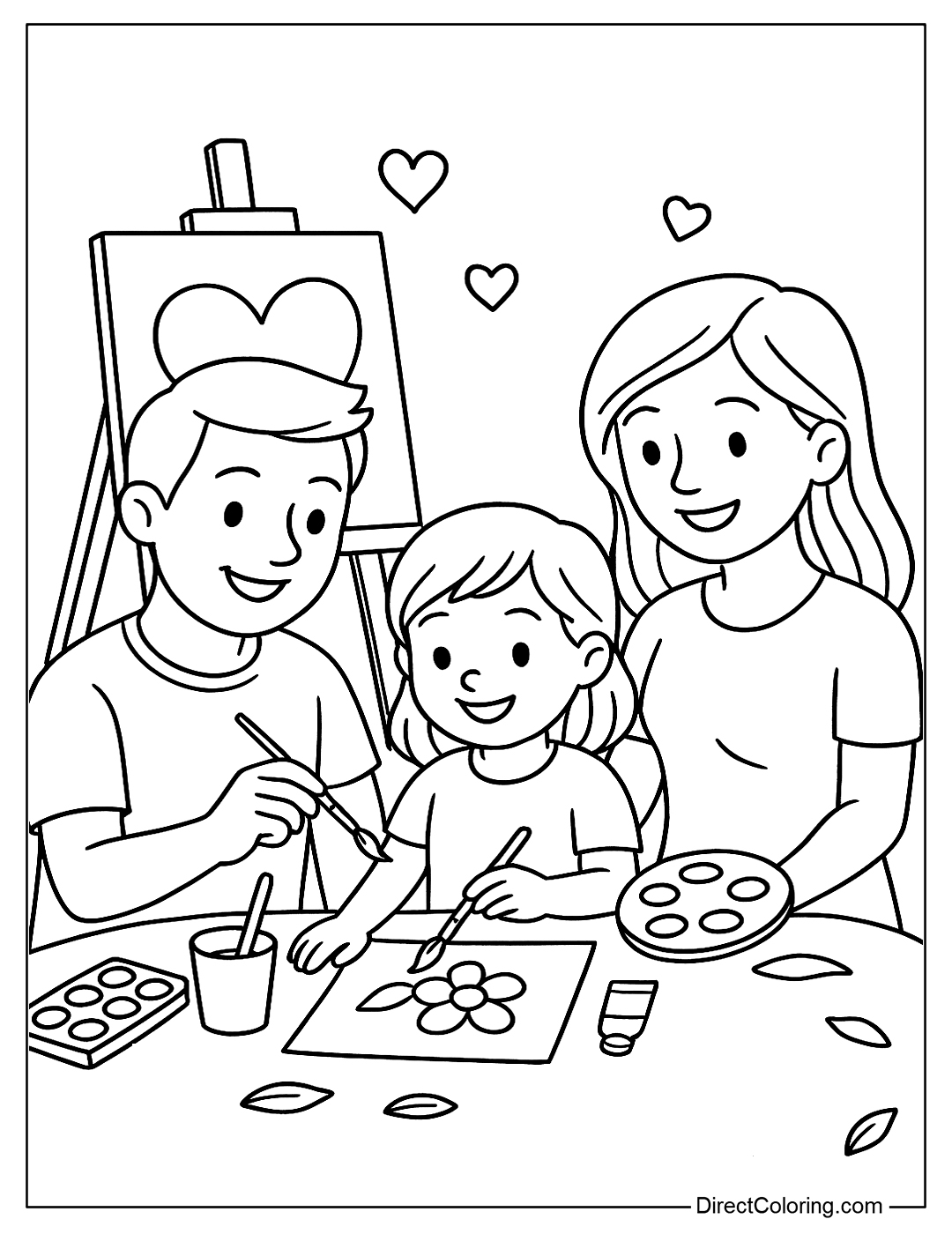 coloring page A family of people painting together, with easels, watercolors and hearts